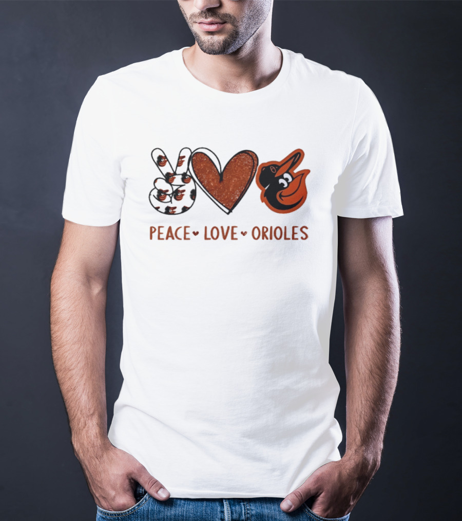 Peace Love Orioles Hand Sign Heart Shape Baltimore Orioles T-Shirt