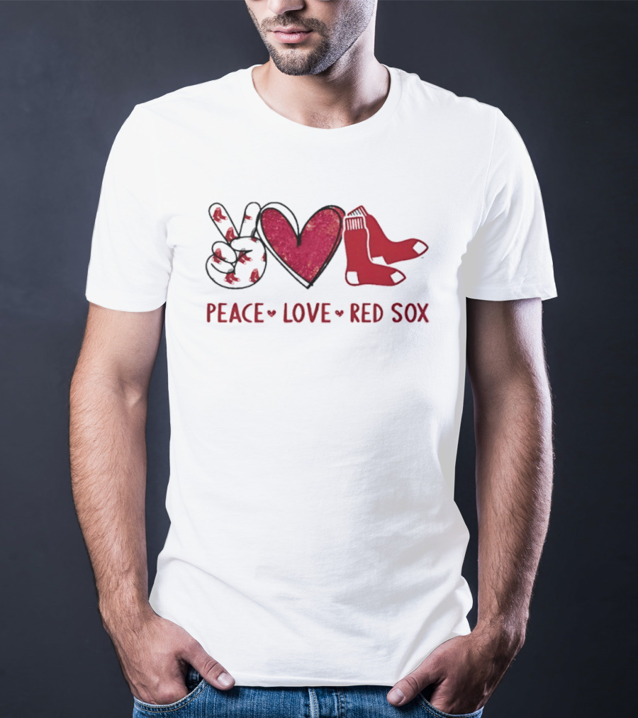 Peace Love Red Sox Hand Sign Heart Shape Socks T-Shirt