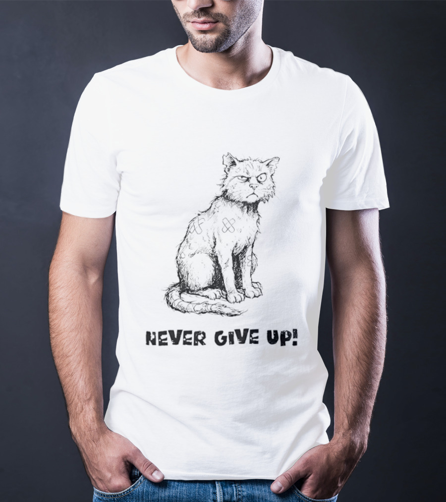 Cat Never Give Up Resilient Sketch Cat T-Shirt