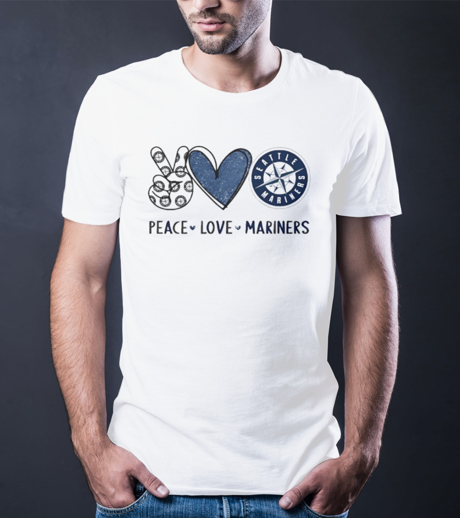Peace Love Seattle Mariners Hand Sign Heart Shape T-Shirt