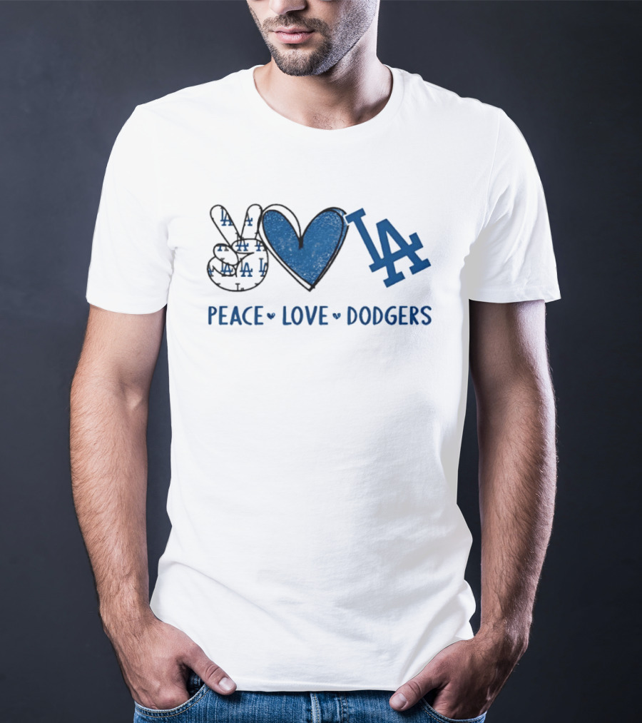 Peace Love LA Dodgers Hand Sign Heart Shape T-Shirt