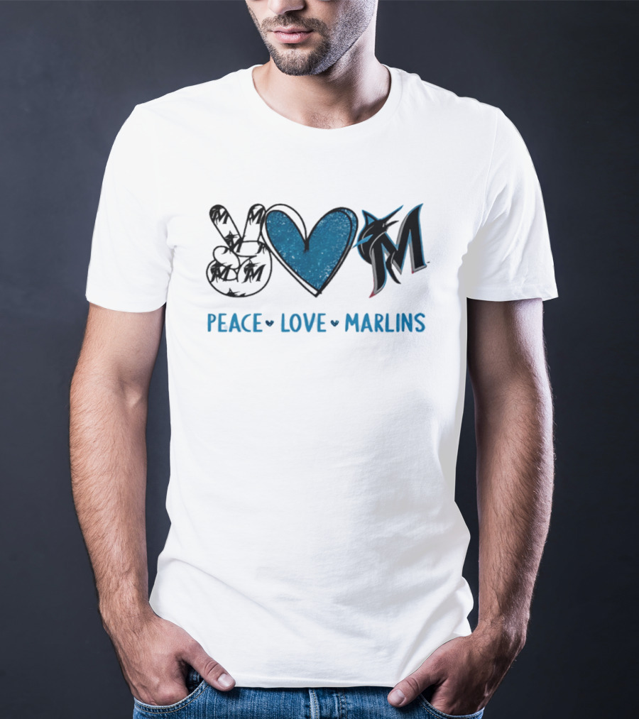 Peace Love Miami Marlins Hand Sign Heart Shape T-Shirt