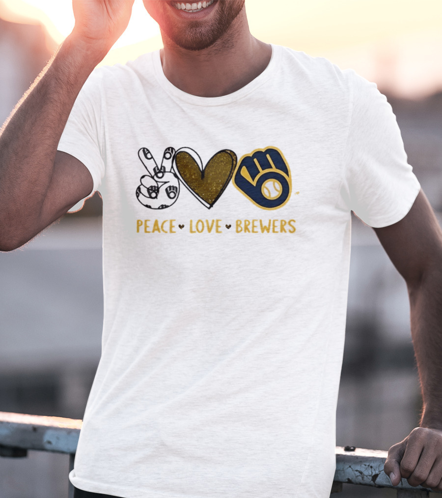 Milwaukee Brewers Peace Love Hand Sign Heart Shape T-Shirt
