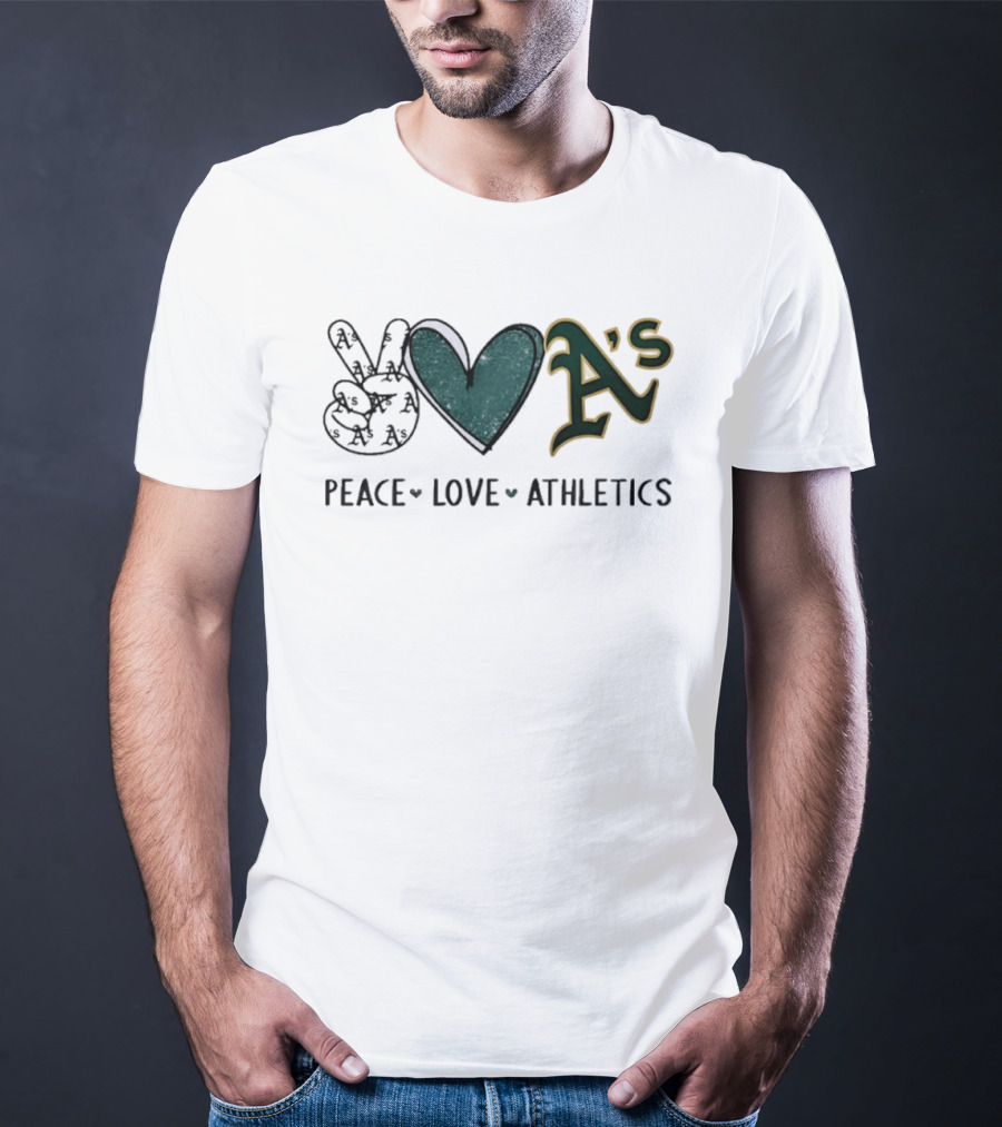 Peace Love Oakland Athletics Hand Sign Heart Shape A's T-Shirt