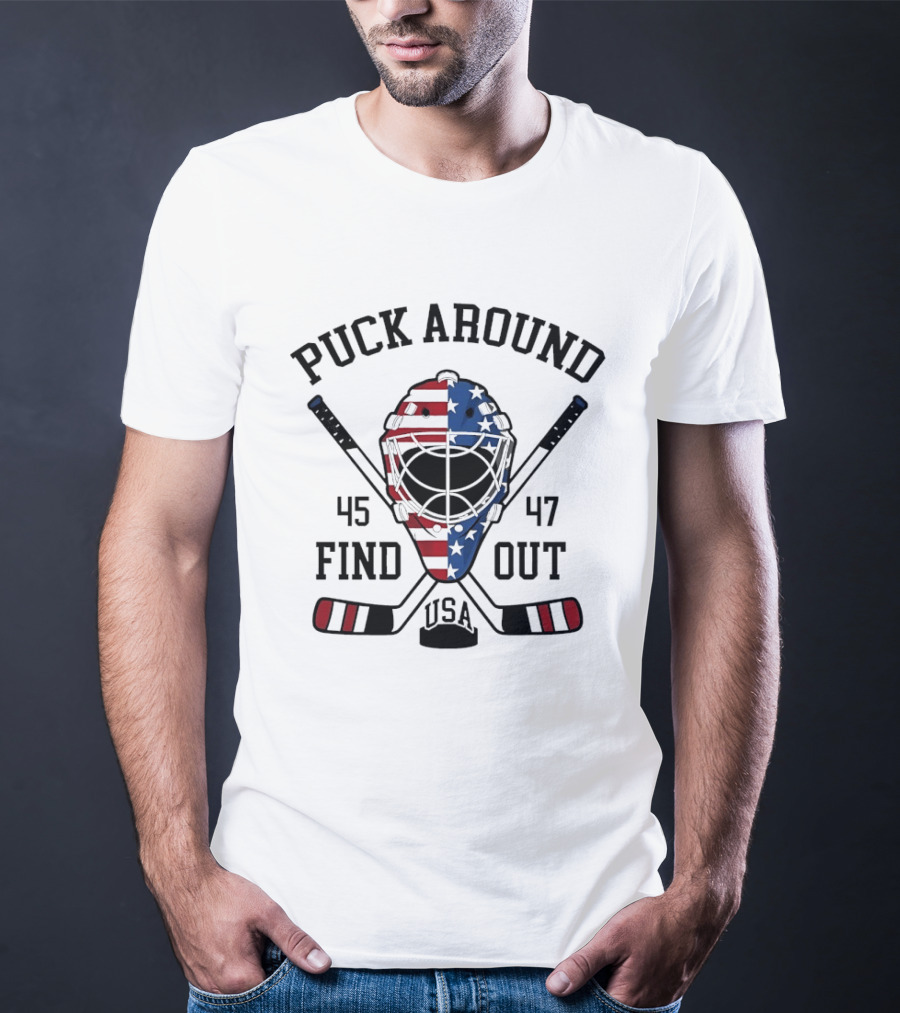 Puck Around Find Out USA Stars Stripes Helmet 45 47 Hockey T-Shirt