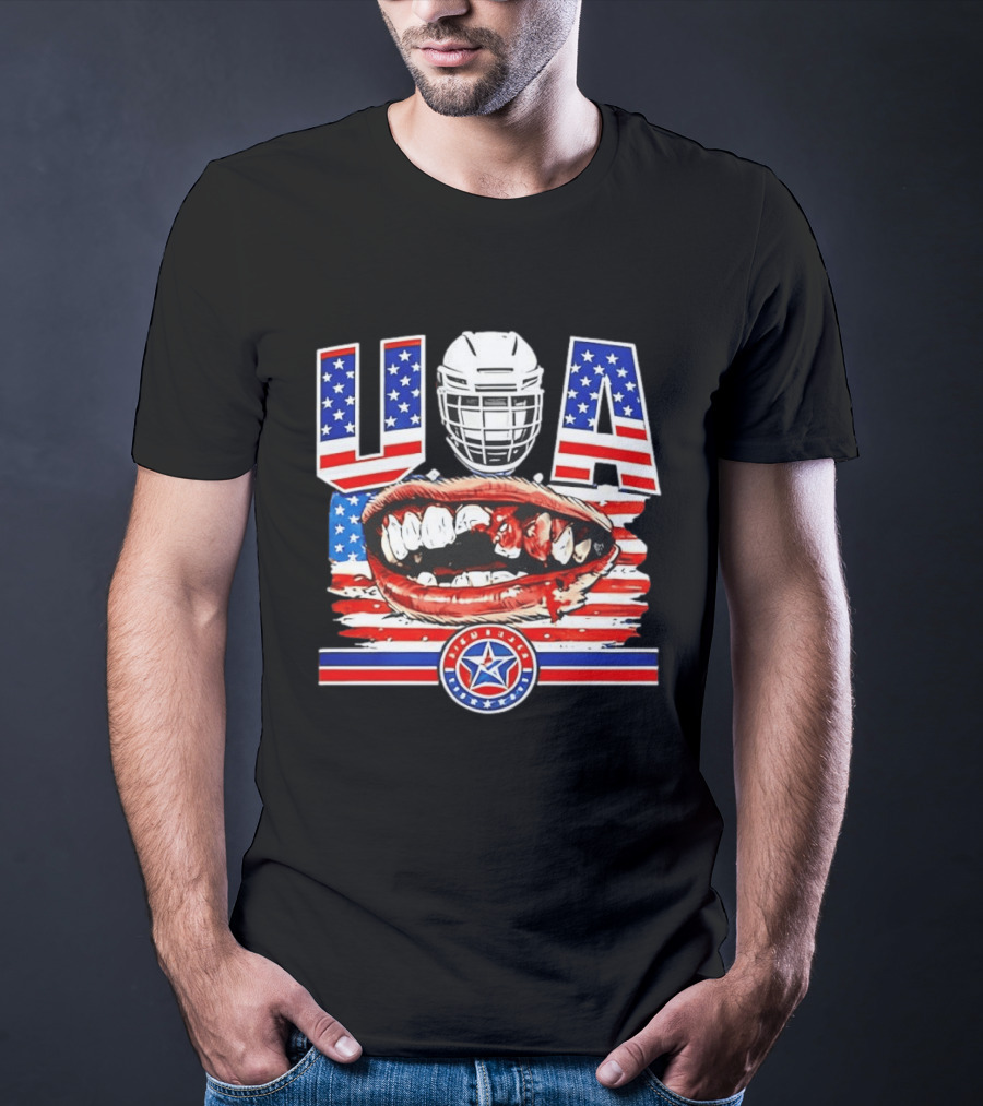 USA Hockey Helmet Bloody Teeth Mouth Stars Stripes Flag T-Shirt