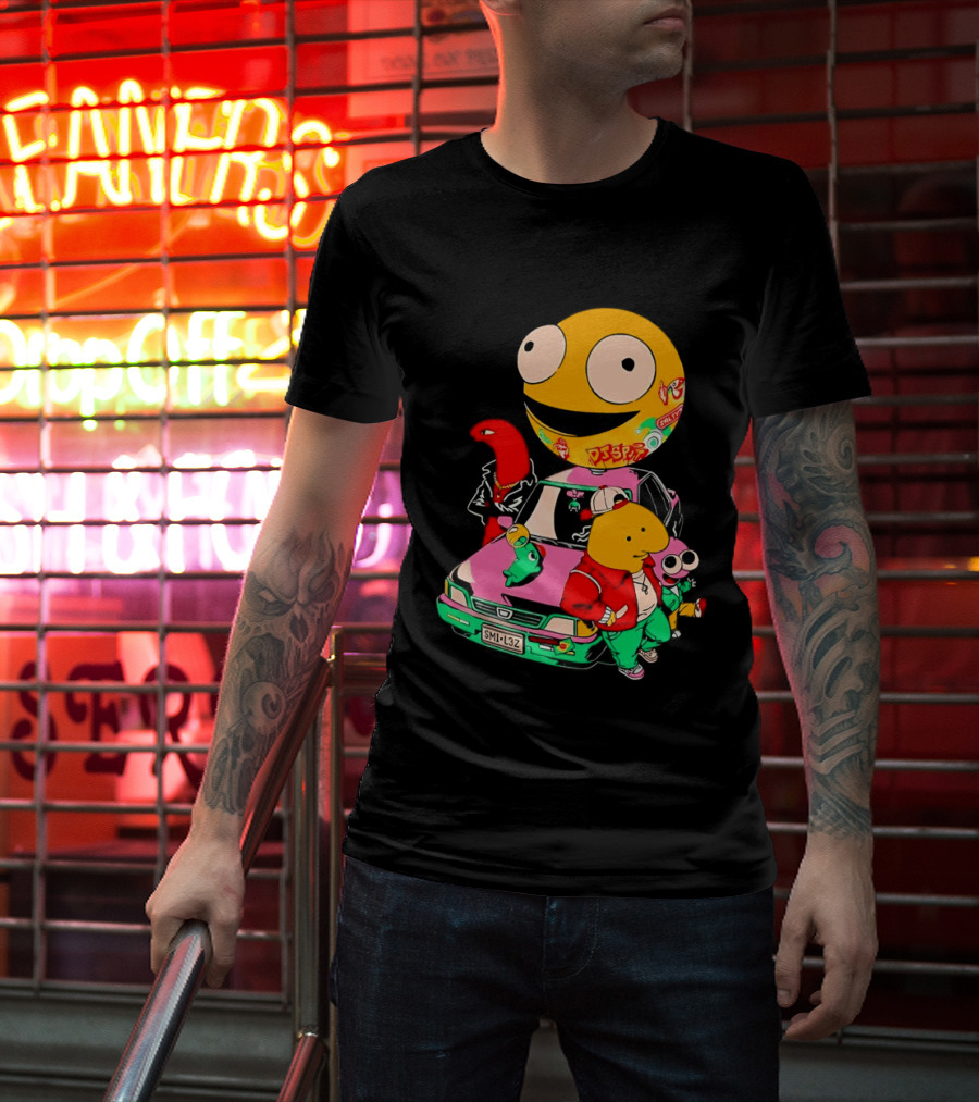 Pac Man Inspired Japanese Characters And Vintage Car Adventure T-Shirt
