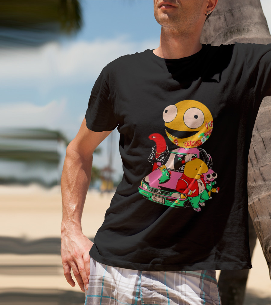 Pac Man Inspired Japanese Characters And Vintage Car Adventure T-Shirt