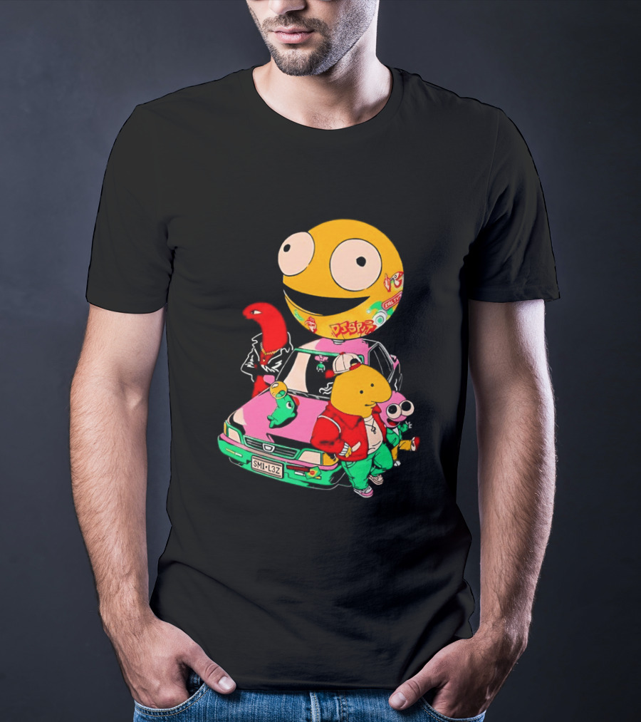 Pac Man Inspired Japanese Characters And Vintage Car Adventure T-Shirt