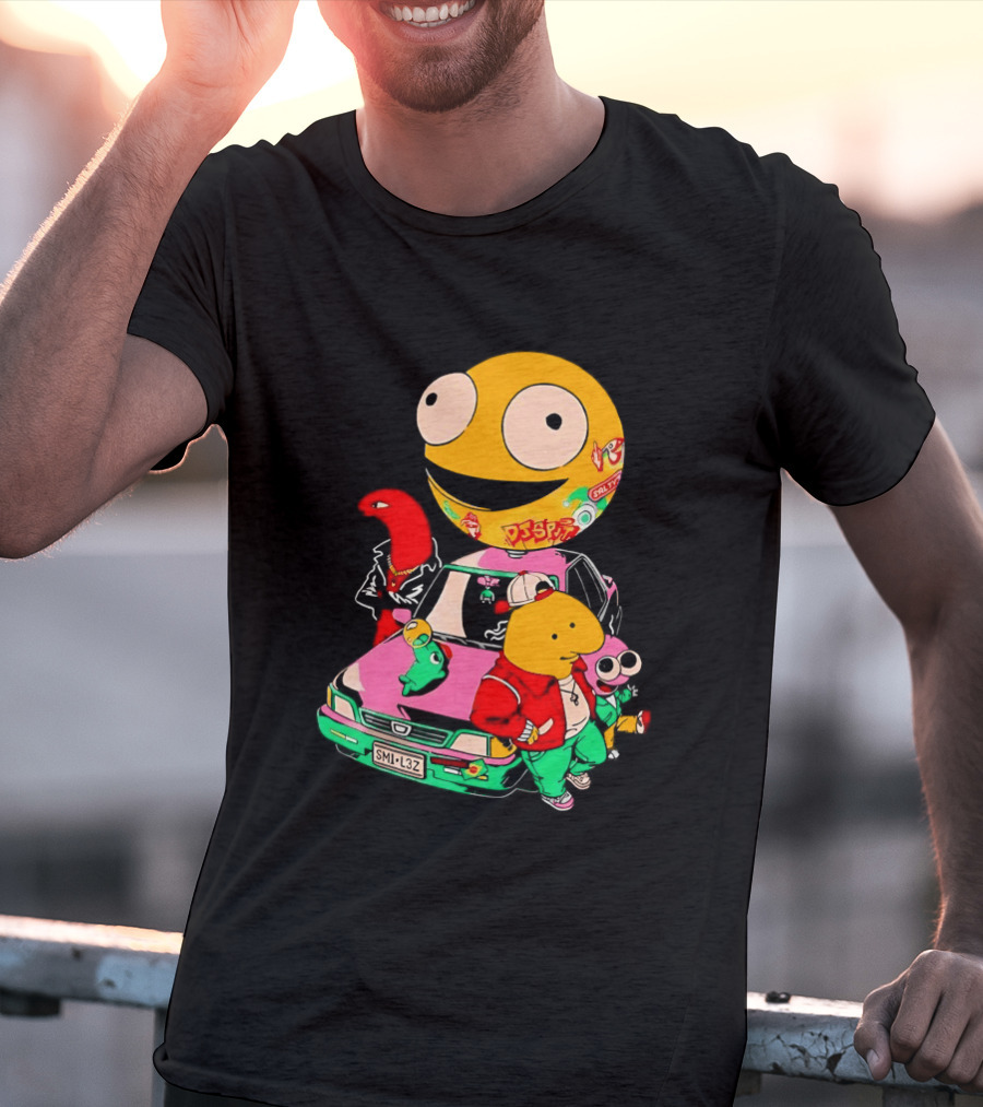 Pac Man Inspired Japanese Characters And Vintage Car Adventure T-Shirt