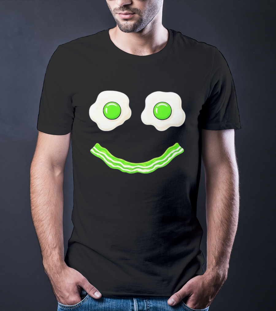 Green Smile Face Eggs And Bacon Ham Breakfast Fun Food Expression T-Shirt