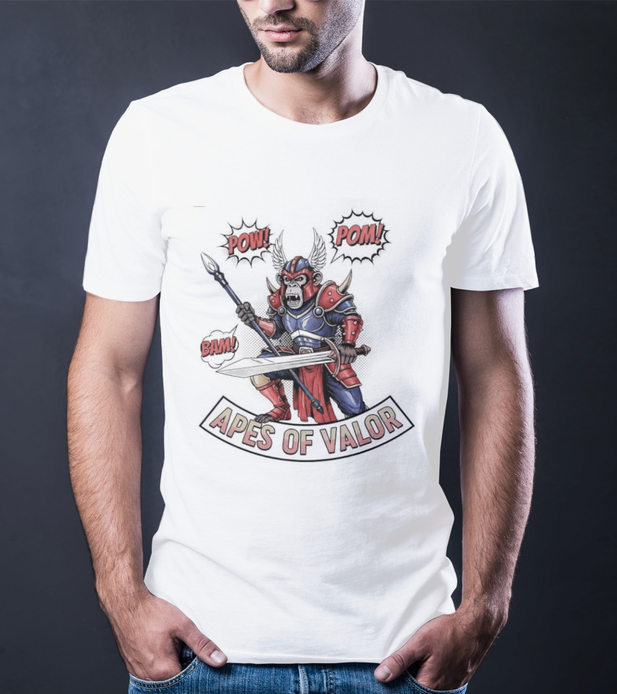 Apes Of Valor Pow Pom Bam Warrior Armor Battle Scene T-Shirt