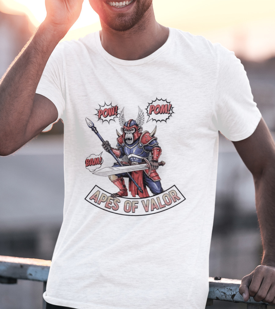 Apes Of Valor Pow Pom Bam Warrior Armor Battle Scene T-Shirt