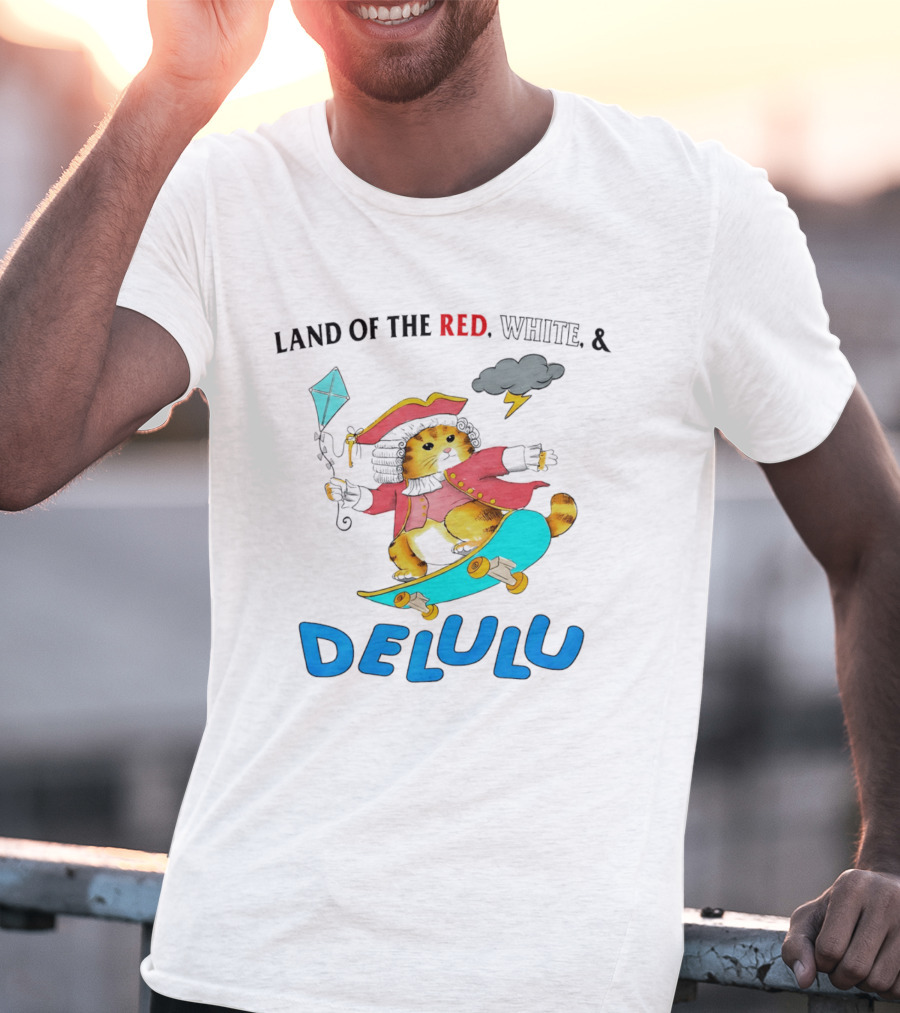 Land Of The Red White And Delulu Cat Pirate Skateboard Kite T-Shirt