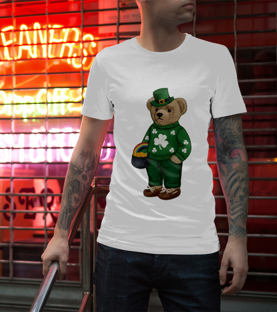 Lucky Teddy Bear Irish St Patricks Day Clover Rainbow Pot Of Gold T-Shirt