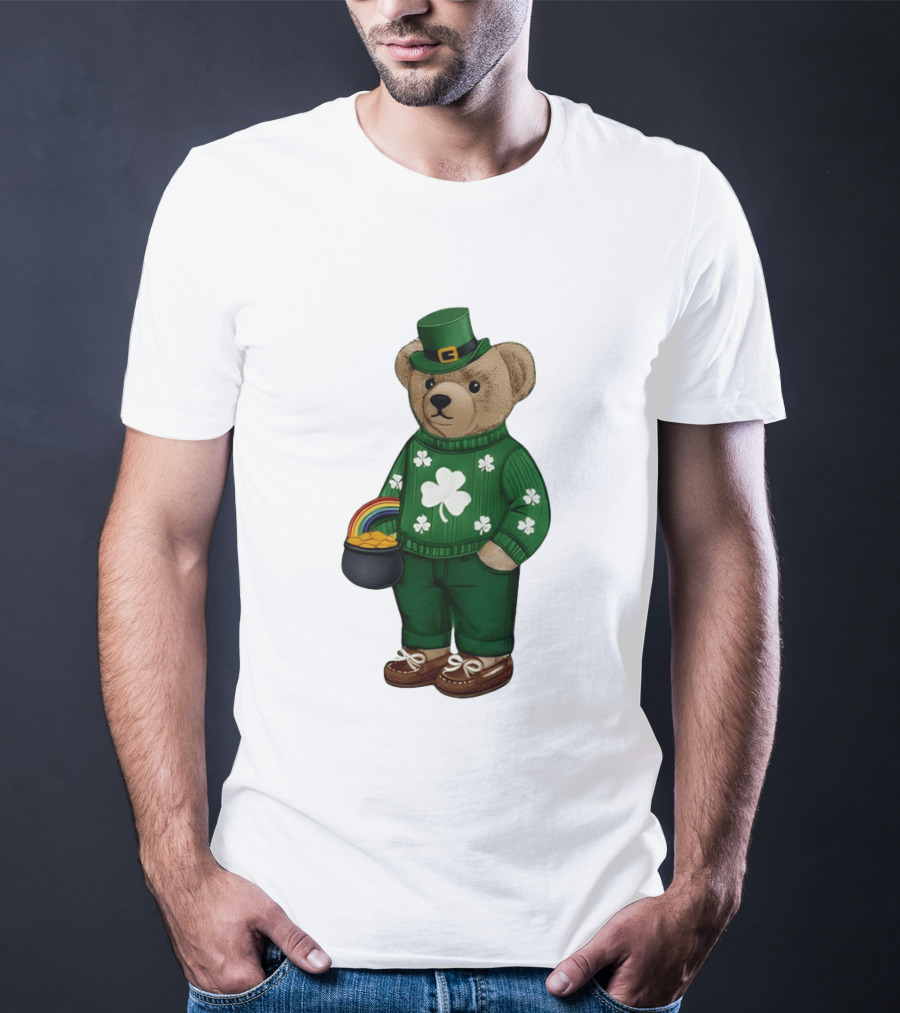 Lucky Teddy Bear Irish St Patricks Day Clover Rainbow Pot Of Gold T-Shirt
