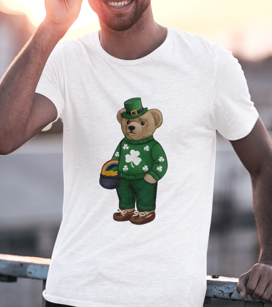 Lucky Teddy Bear Irish St Patricks Day Clover Rainbow Pot Of Gold T-Shirt