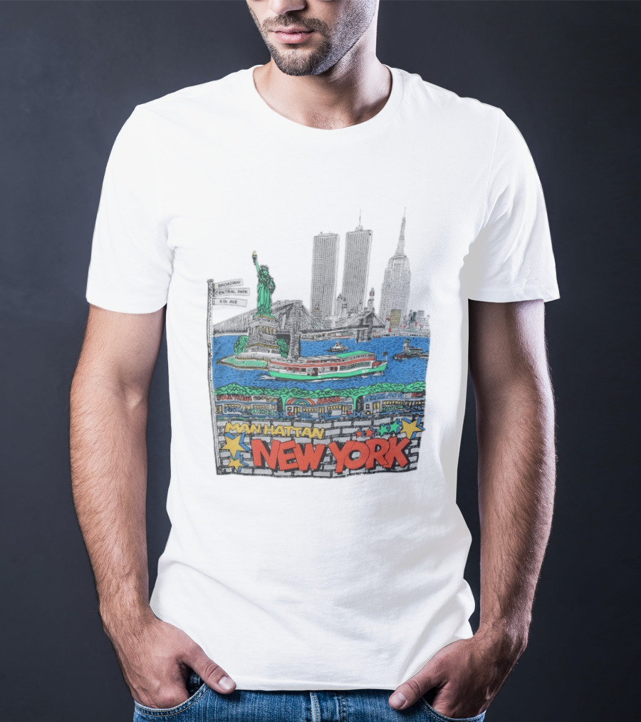 Statue Of Liberty Brooklyn Bridge Broadway Central Park 5th Ave Manhattan New York Skyline T-Shirt