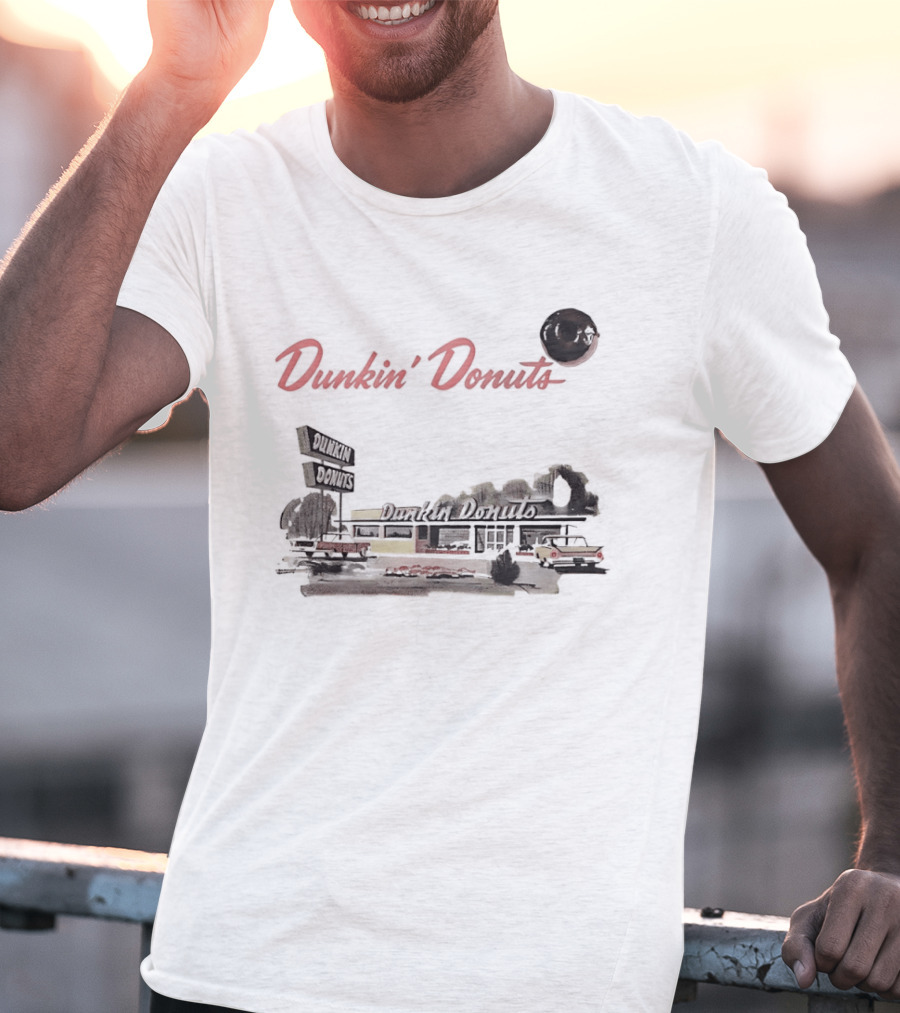 Dunkin Donuts Retro Vintage Coffee Shop Neon Sign And Classic Car Scene T-Shirt
