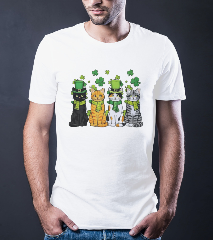 St Catrick's Day Black Cat Orange Tabby Cat Calico Cat And Gray Tabby Cat With Shamrocks And Green St Patrick's Hats T-Shirt