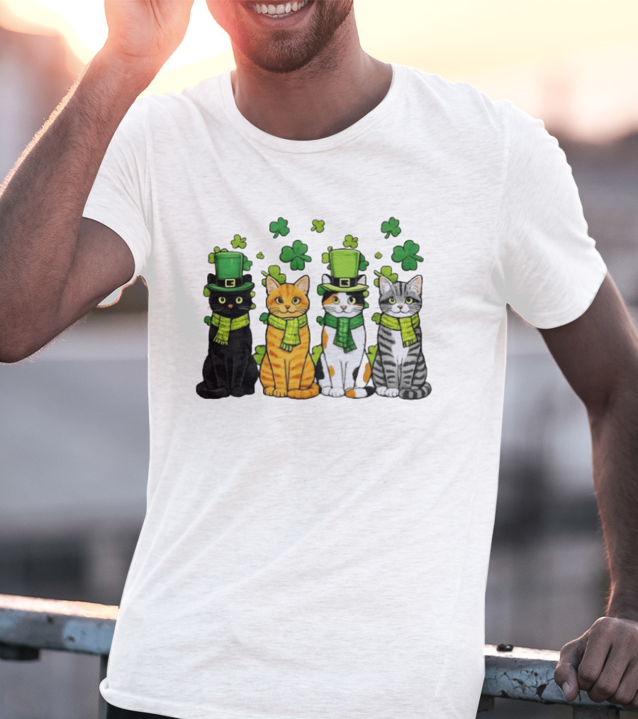 St Catrick's Day Black Cat Orange Tabby Cat Calico Cat And Gray Tabby Cat With Shamrocks And Green St Patrick's Hats T-Shirt