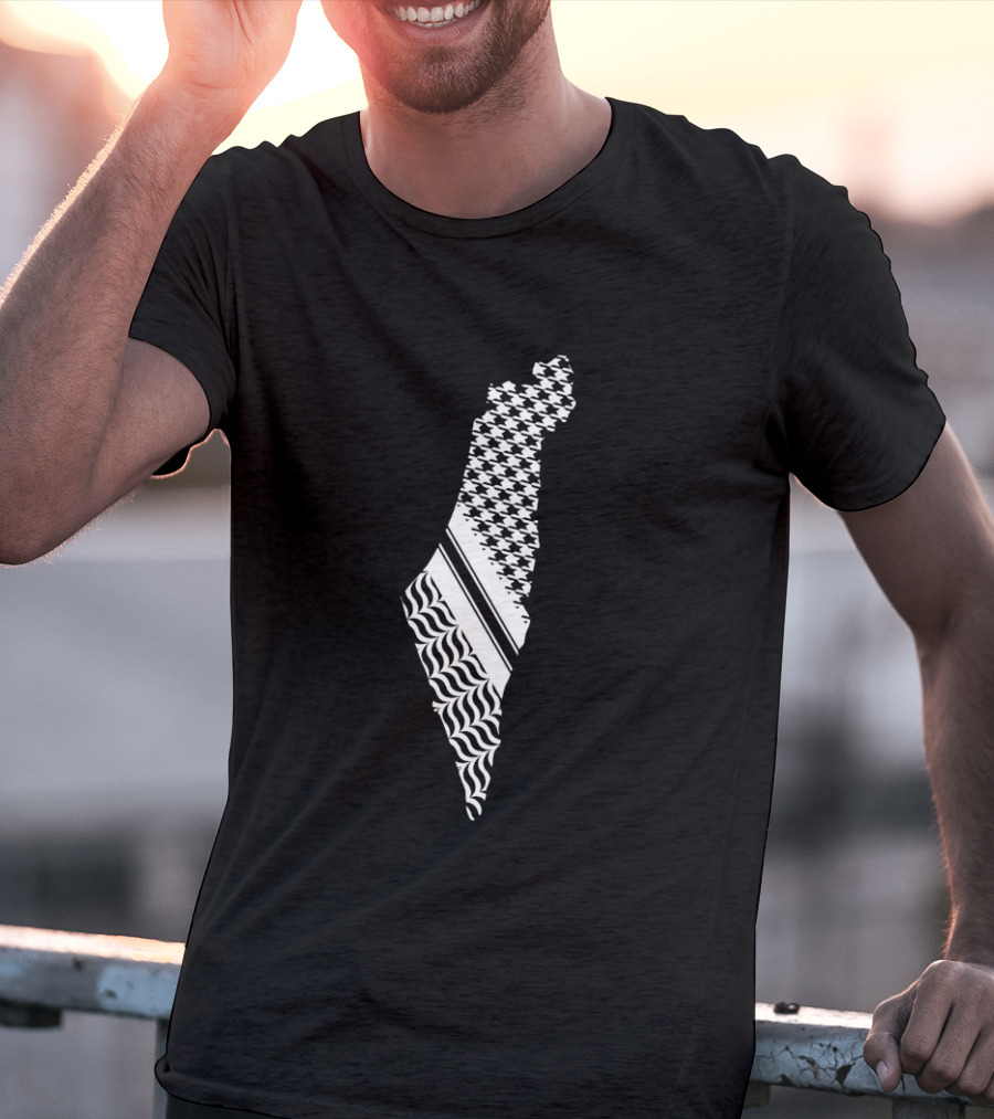 Free Palestine Map With Kufiya And Waves T-Shirt
