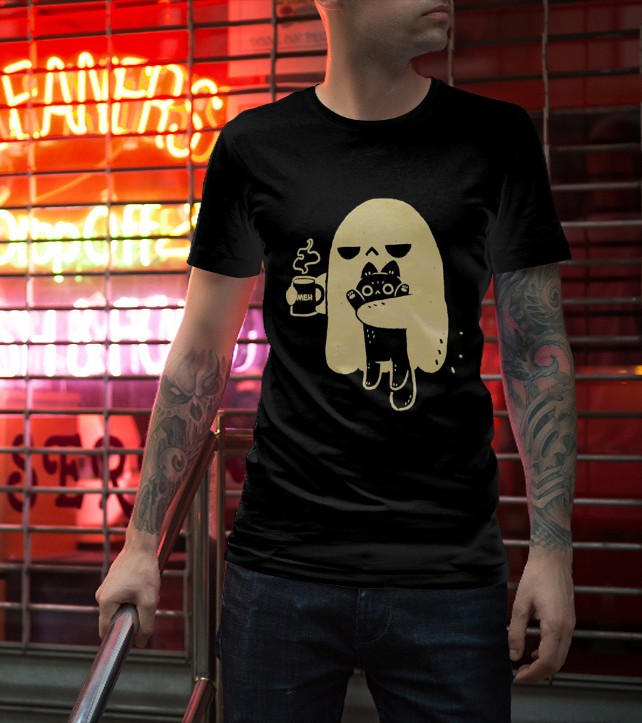 Ghost With Cat And Coffee Cup T-Shirt
