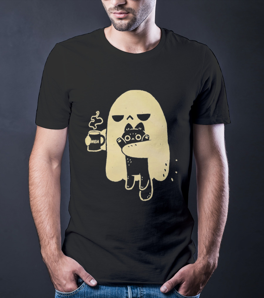 Ghost With Cat And Coffee Cup T-Shirt