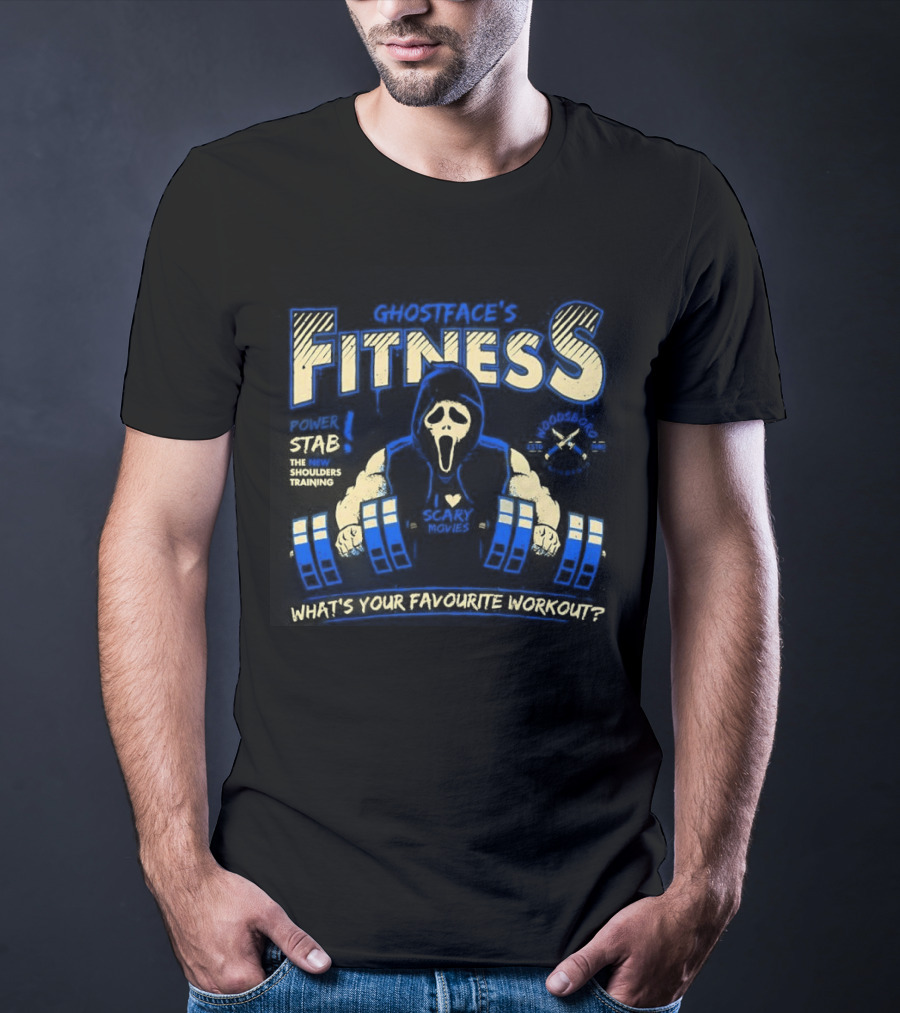 Ghostface Fitness What's Your Favorite Workout Power Stab Shoulder Training T-Shirt