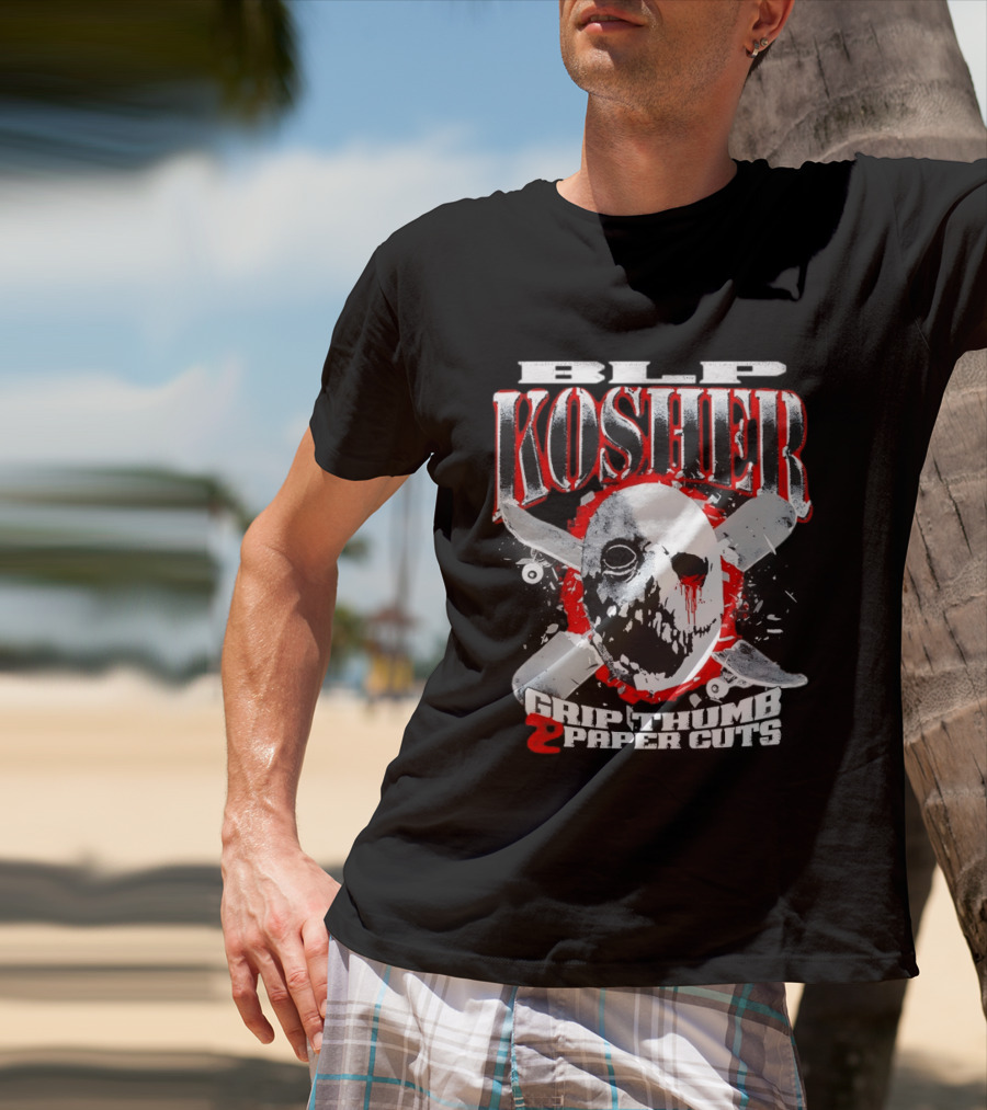 RIP Kosher Grip Thumb Paper Cuts Horror Mask Cross Knives T-Shirt