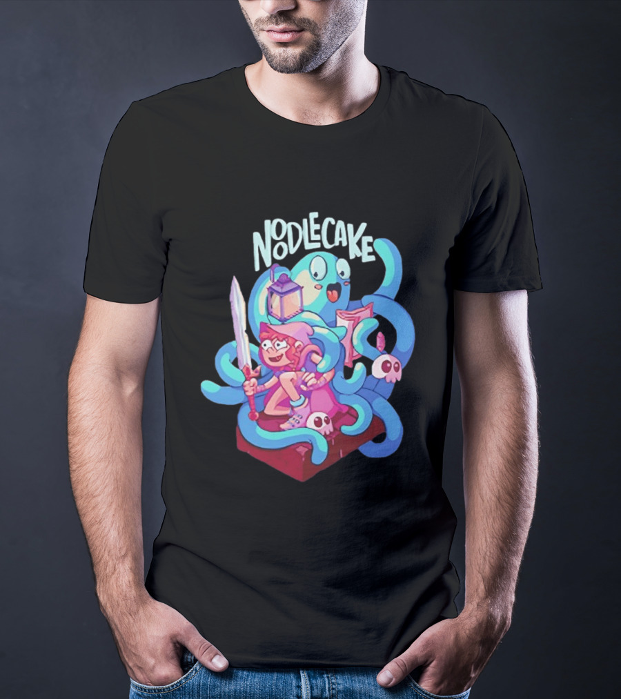 Noodlecake Cartoon Adventurer And Ghost With Sword And Skulls T-Shirt