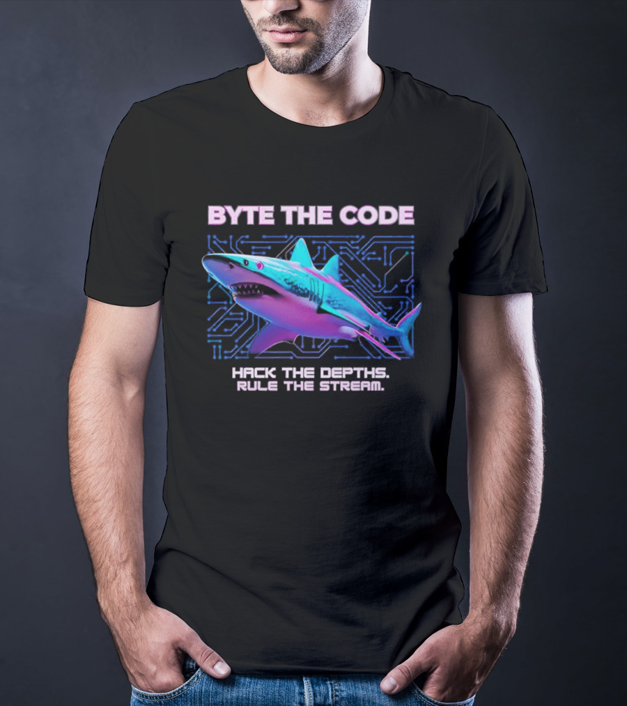 Byte The Code Hack The Depths Rule The Stream Cyberpunk Shark T-Shirt