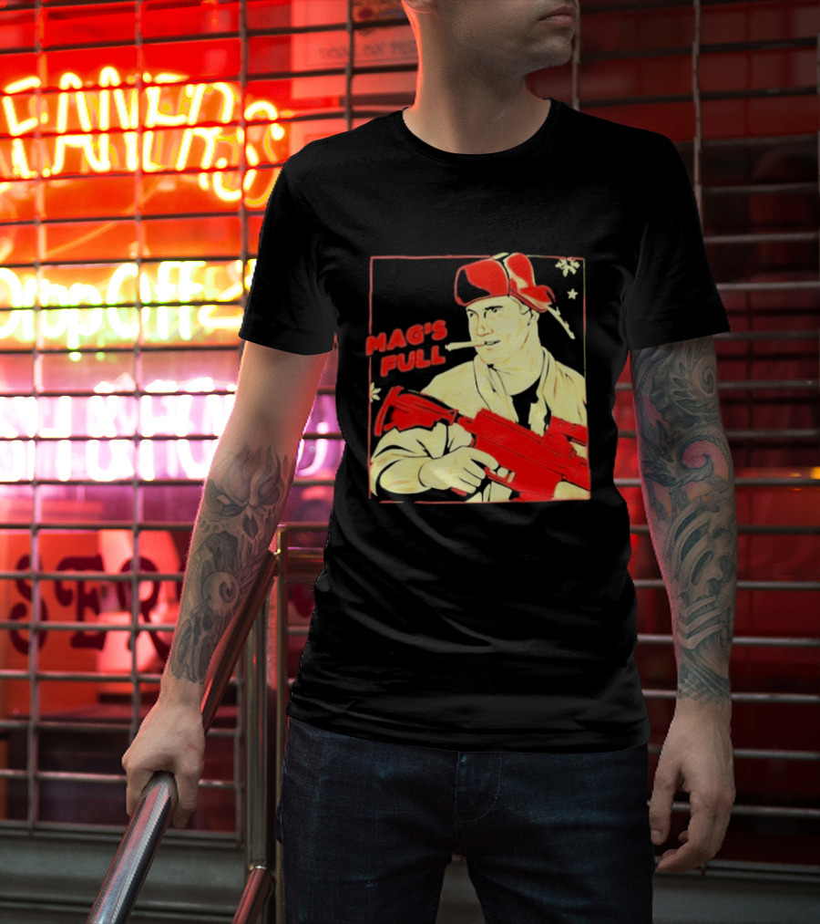 Mag's Full Armed Character With Red Cap And Gun T-Shirt