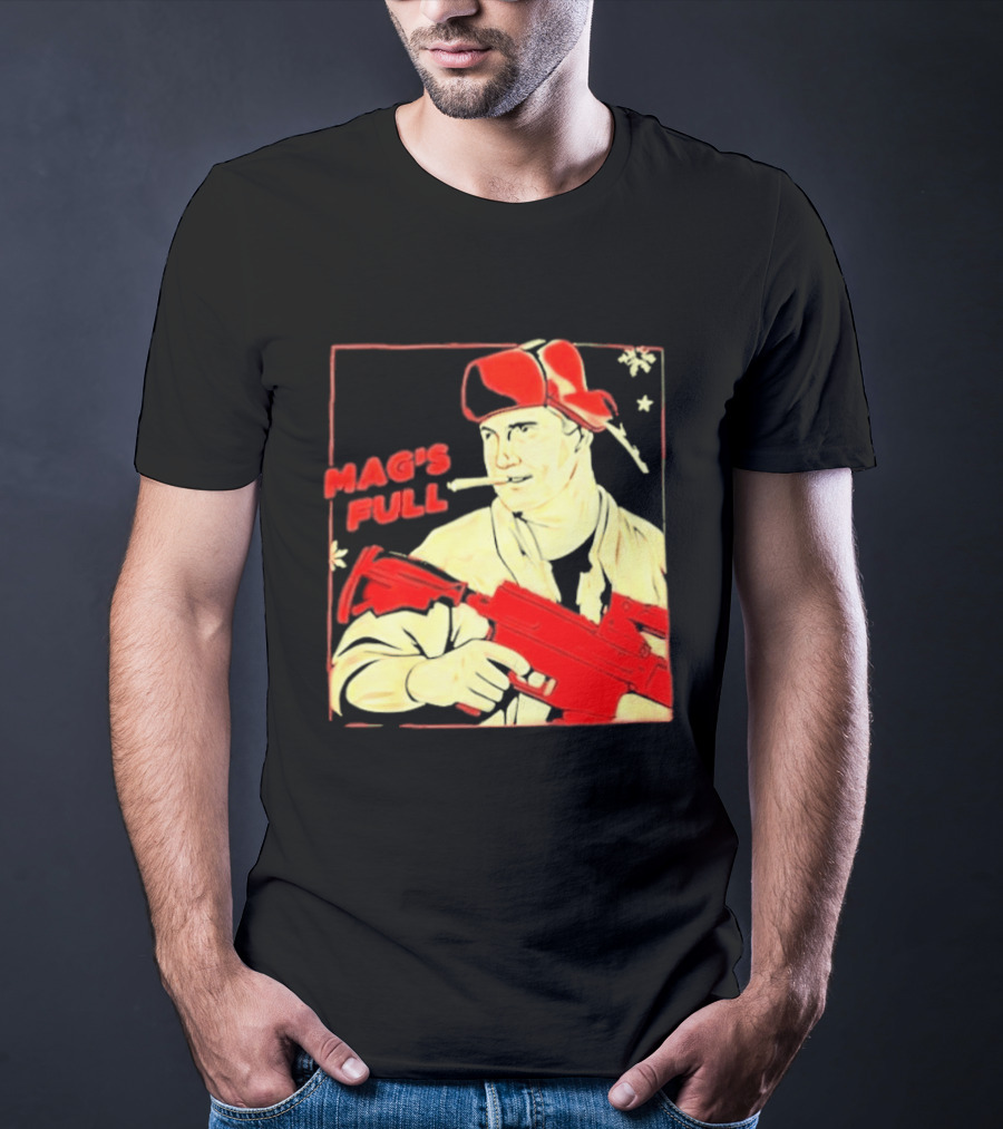 Mag's Full Armed Character With Red Cap And Gun T-Shirt
