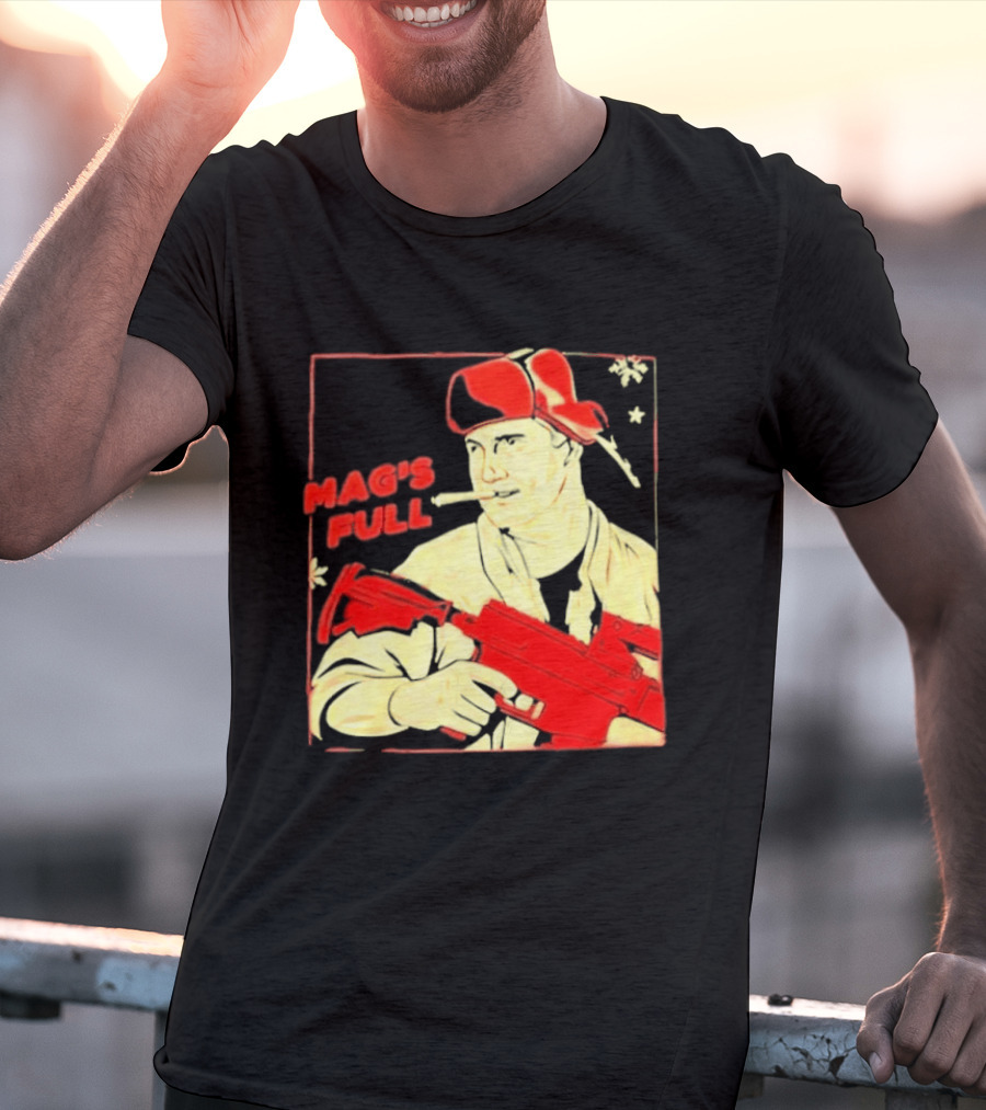 Mag's Full Armed Character With Red Cap And Gun T-Shirt
