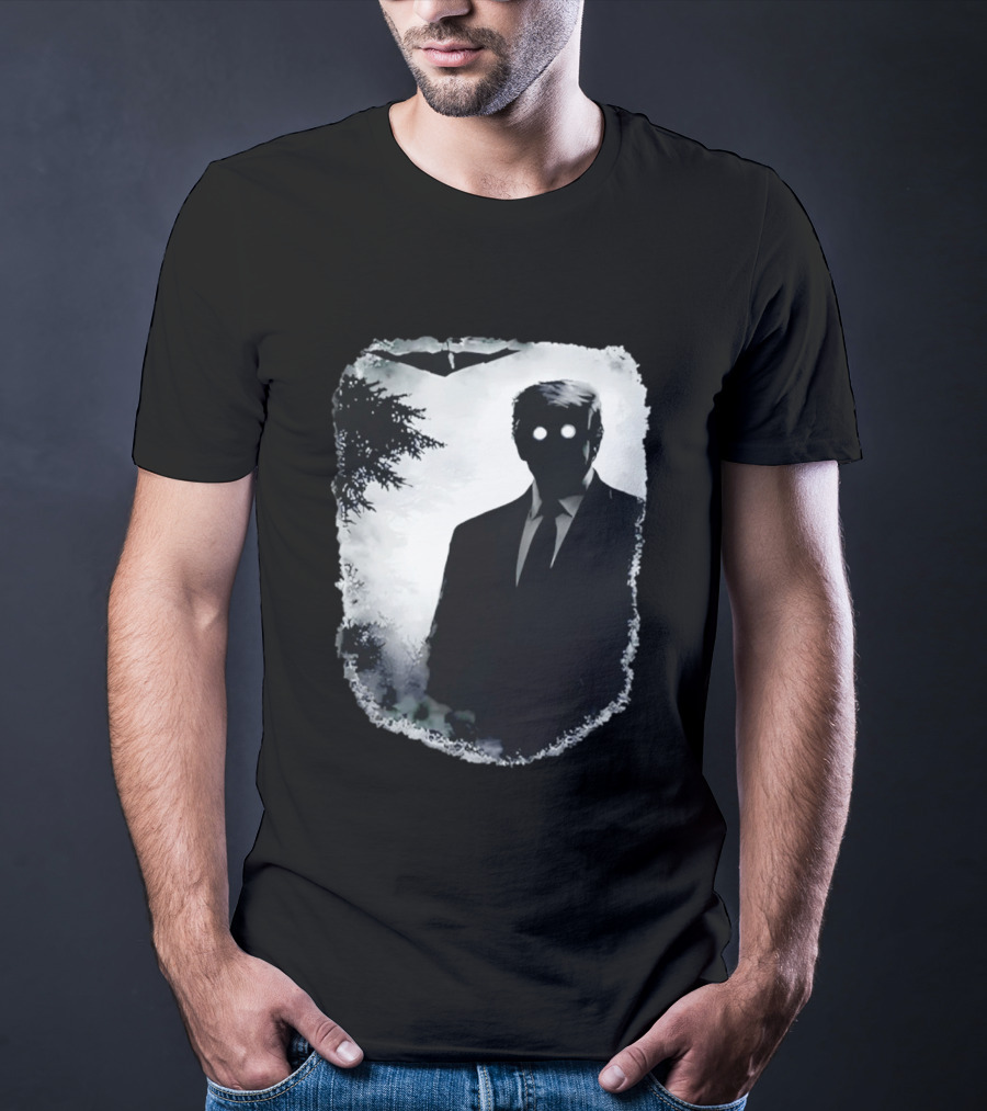 Dark Shadow Figure Mysterious Silhouette Trump Eerie Woods Cloaked Eyes T-Shirt