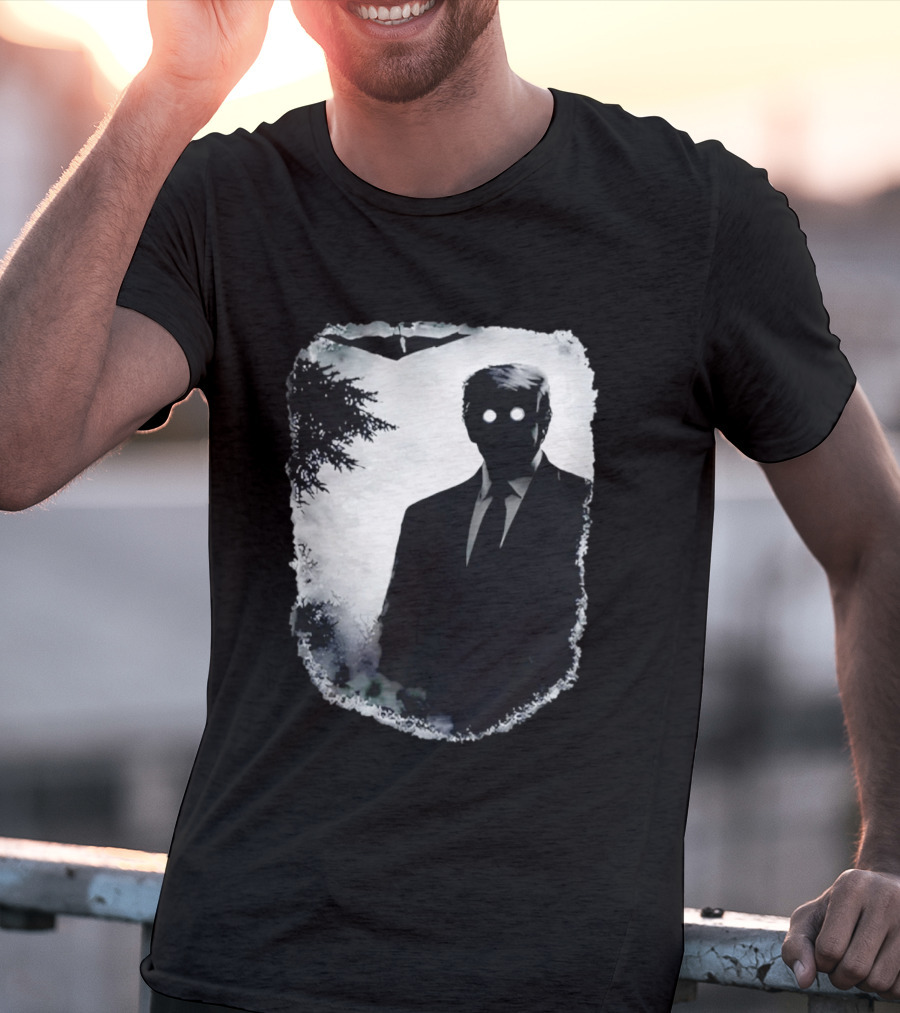 Dark Shadow Figure Mysterious Silhouette Trump Eerie Woods Cloaked Eyes T-Shirt