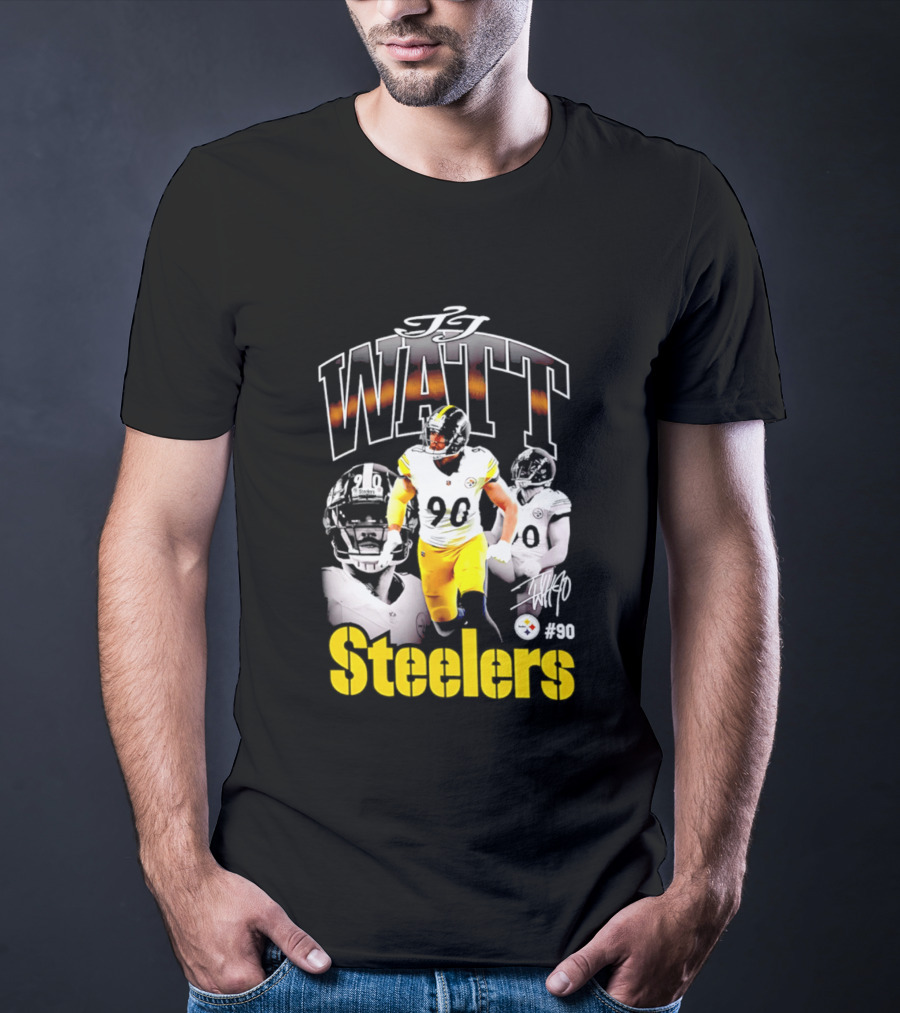 T.J. Watt Steelers #90 Triple Image With Signature T-Shirt