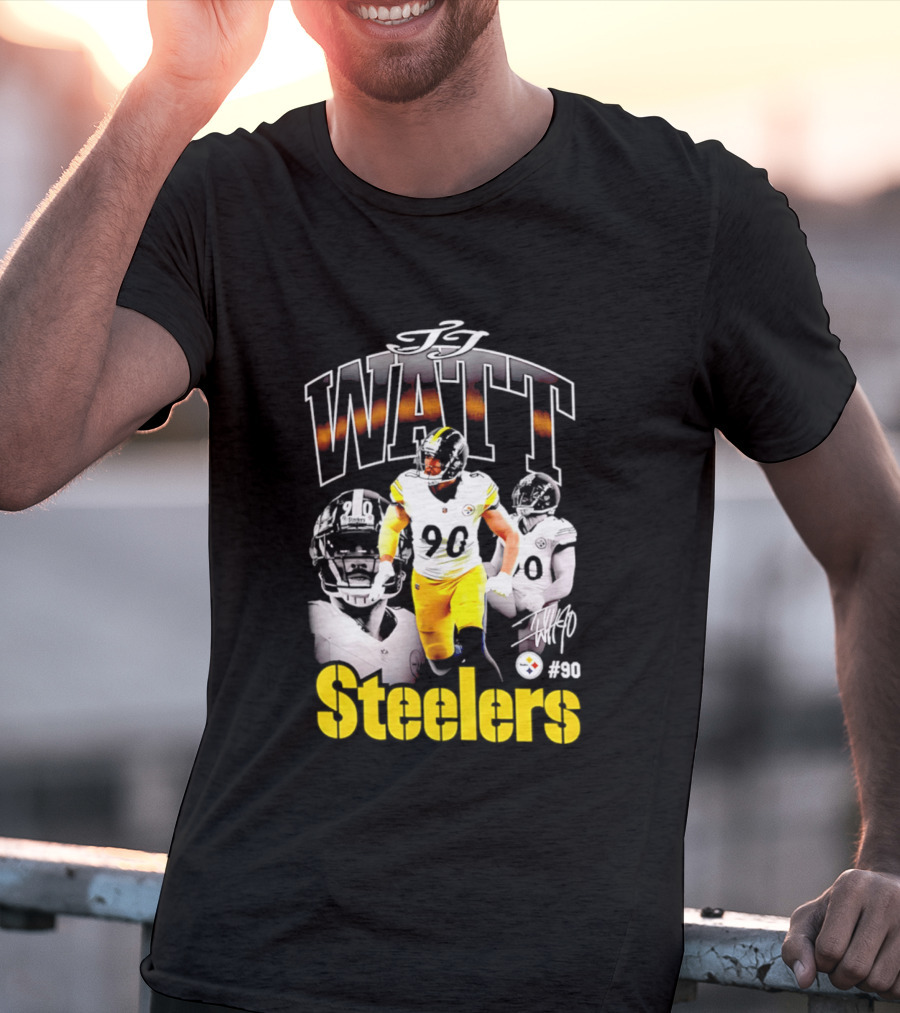 T.J. Watt Steelers #90 Triple Image With Signature T-Shirt