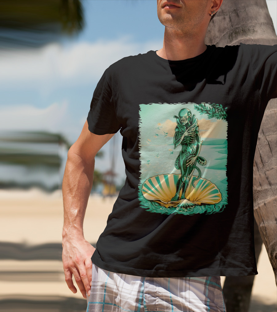 Alien Seated On Seashell The Birth Of Alienus Fusion Renaissance T-Shirt