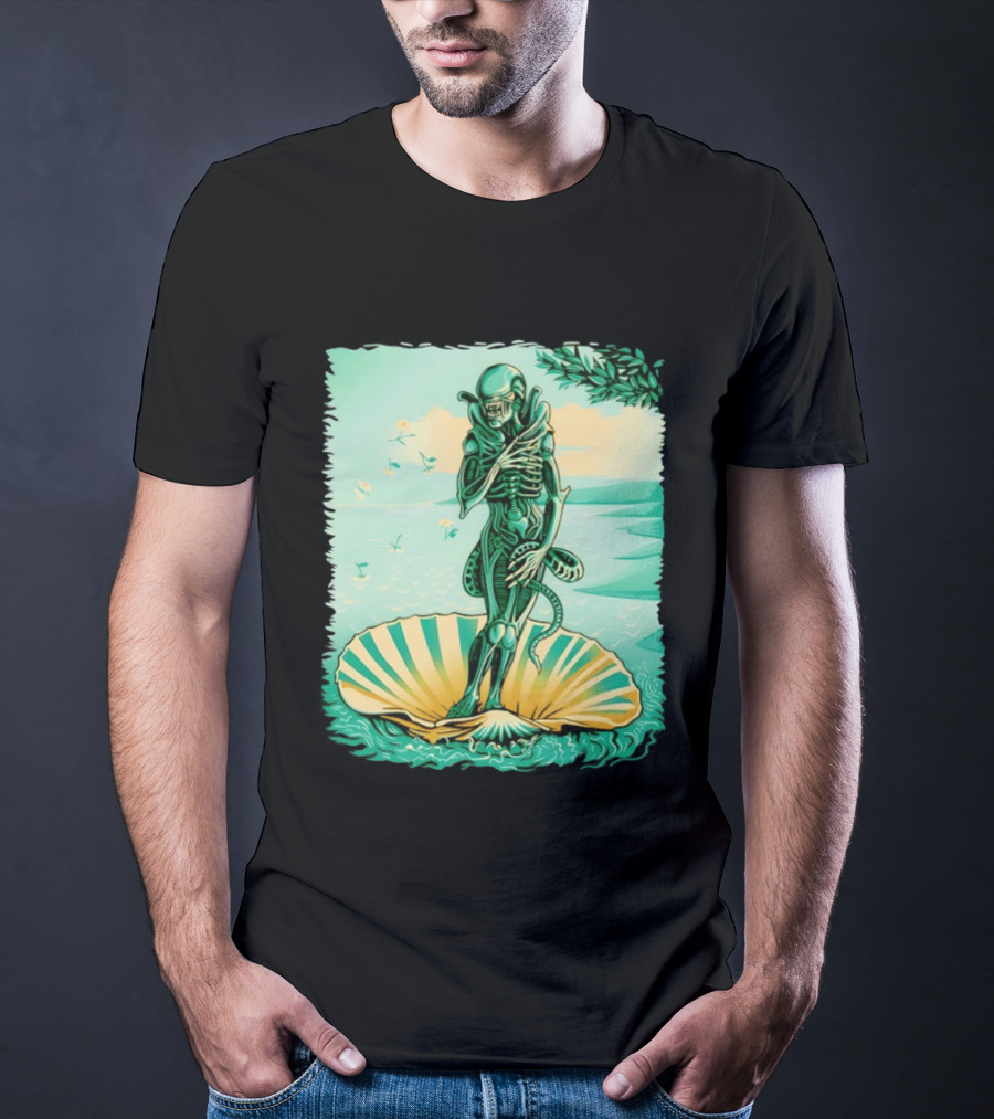 Alien Seated On Seashell The Birth Of Alienus Fusion Renaissance T-Shirt