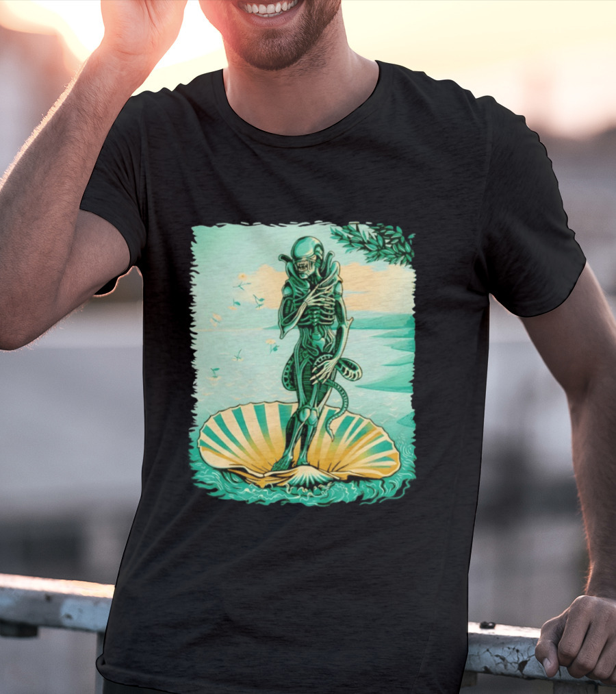 Alien Seated On Seashell The Birth Of Alienus Fusion Renaissance T-Shirt