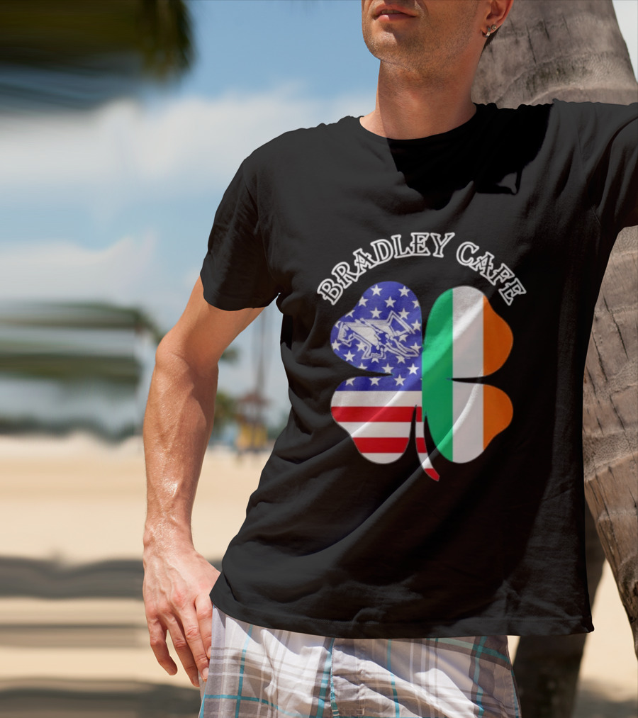 Bradley Cafe Providence RI Est 1937 Four Leaf Clover American Irish Flag T-Shirt