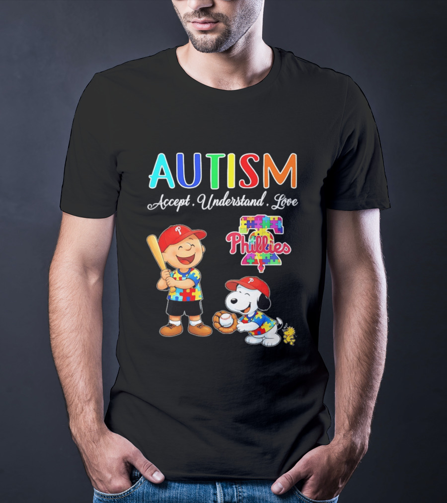 Charlie Brown Snoopy Philadelphia Phillies Autism Awareness Puzzle Piece Accept Understand Love T-Shirt