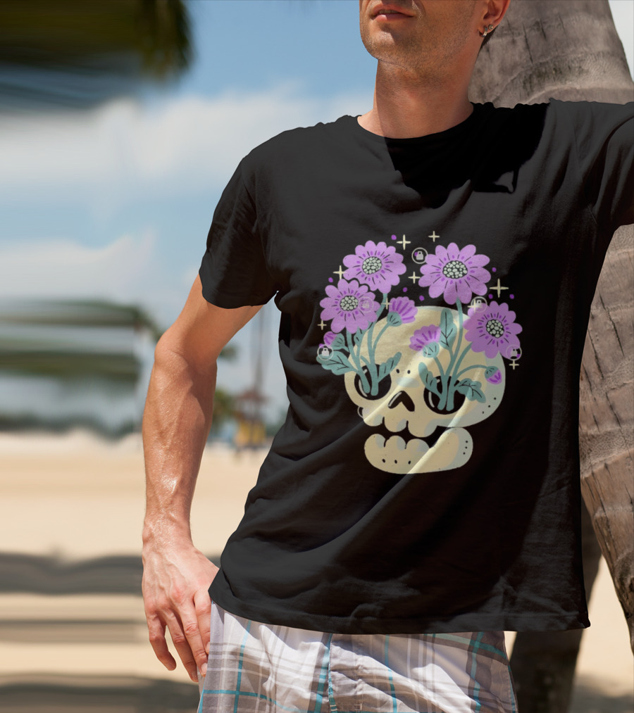 Skull With Purple Flowers And Stars Aesthetic T-Shirt