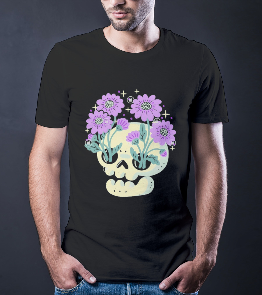 Skull With Purple Flowers And Stars Aesthetic T-Shirt