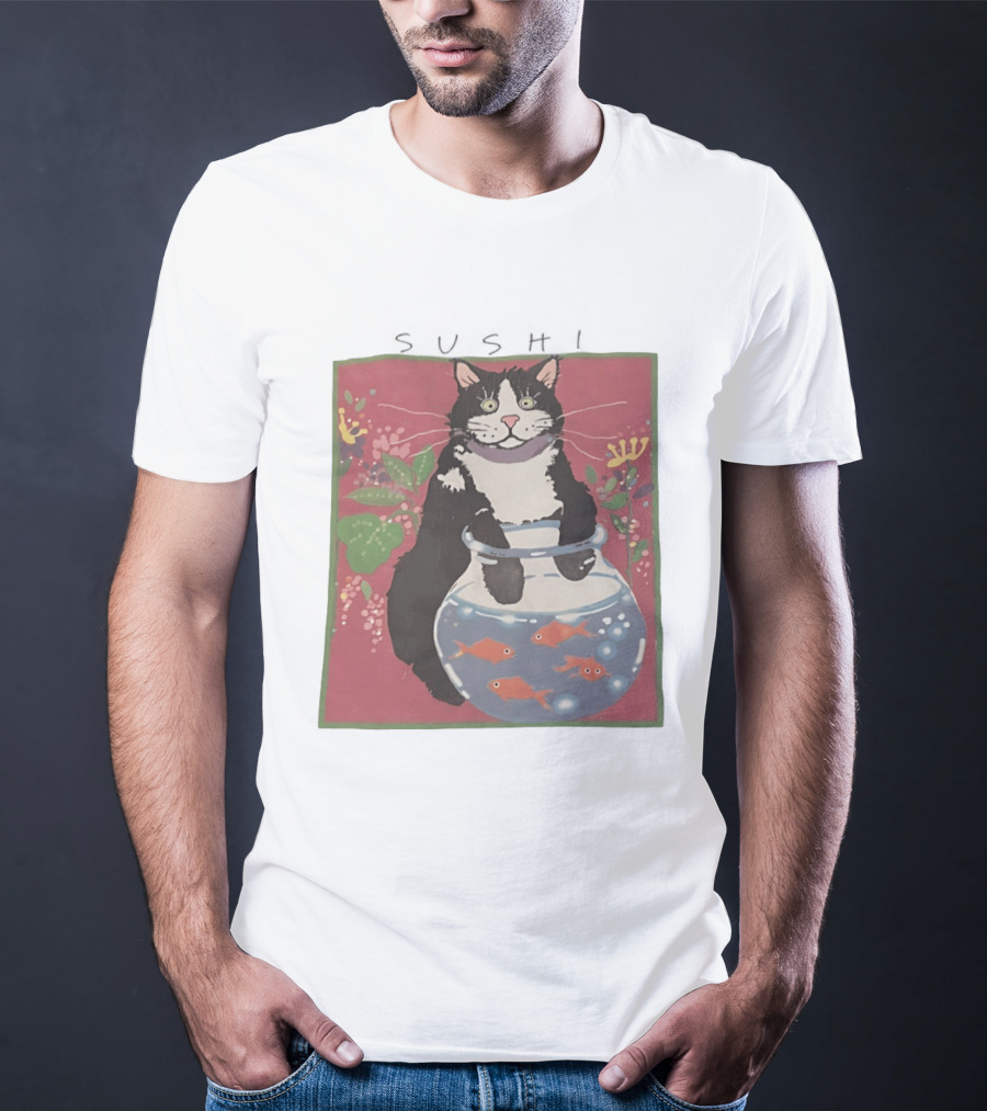 Sushi Cat Holding Fishbowl With Goldfish And Flowers T-Shirt
