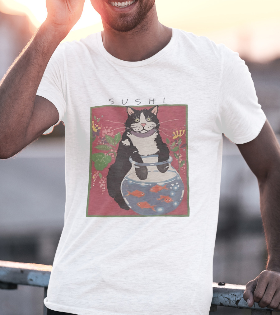 Sushi Cat Holding Fishbowl With Goldfish And Flowers T-Shirt