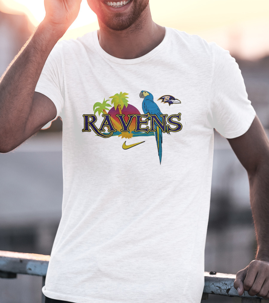 Baltimore Ravens Tropical Parrot Sunset Logo Nike T-Shirt