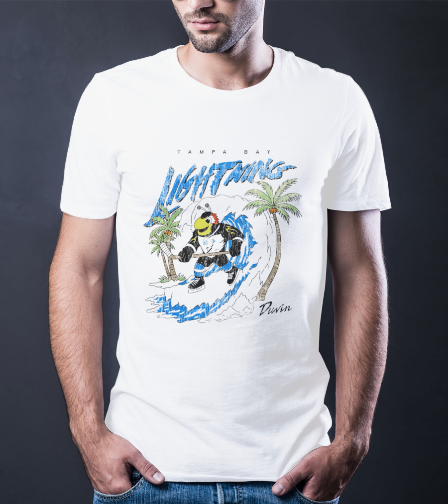 Tampa Bay Lightning Thunderbug Duvin Surfing Hockey Character With Palm Trees T-Shirt